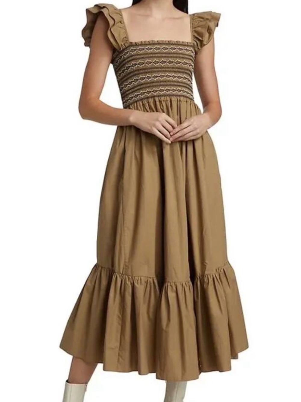 Cara Cara Tan Smocked Midi Dress with Ruffle Straps